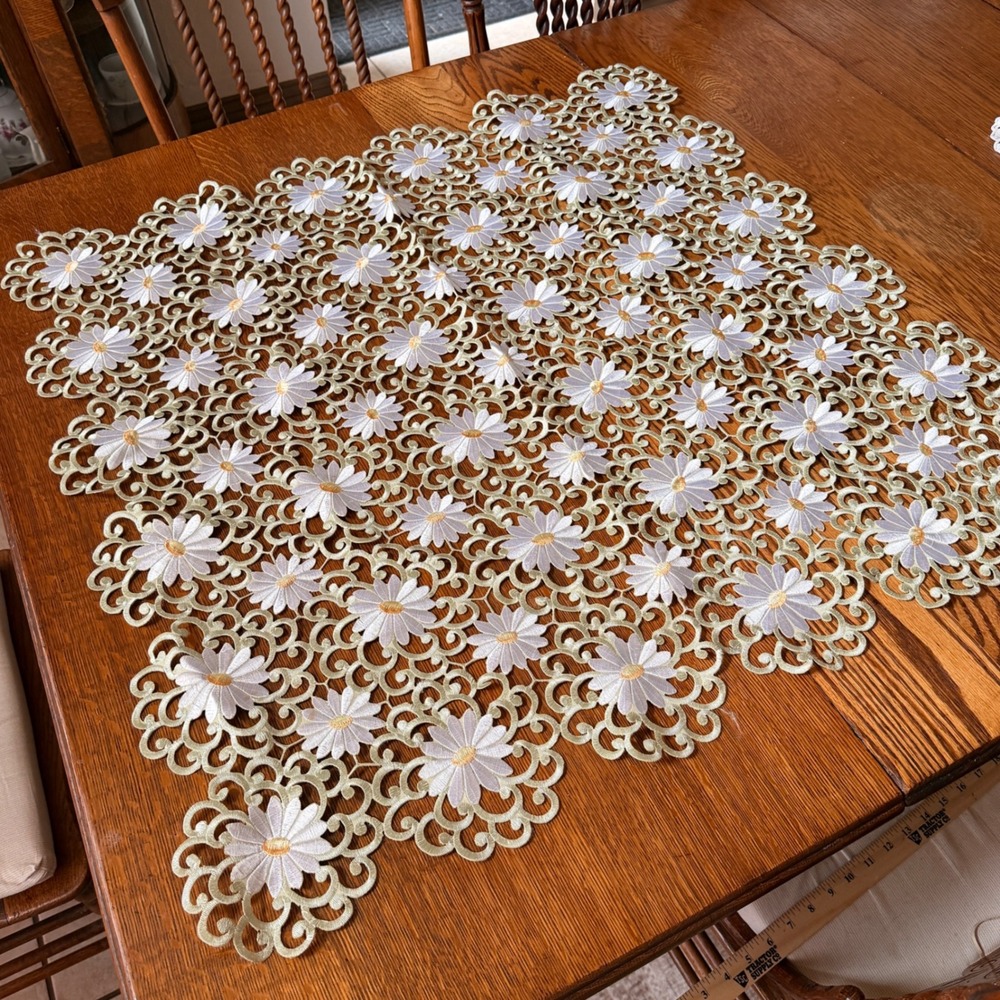 Daisy Embroidered Table Runner Square White Gold Floral Cutout Lace Tablecloth